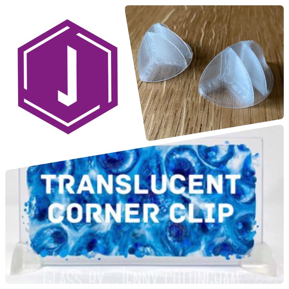 Translucent corner clips on glass